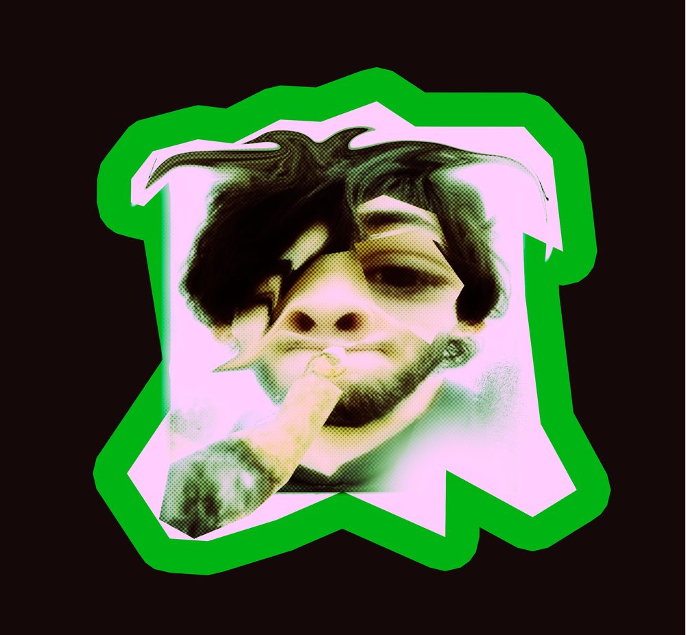 Halftone portrait of a face warped and cut out, outlined in green on black.