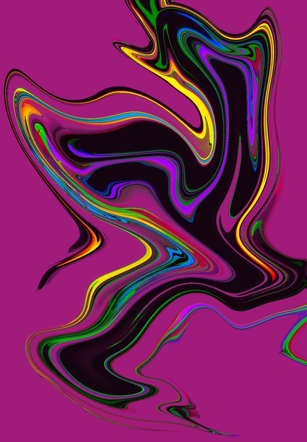 Liquid swirl of black, yellow, green and violet on magenta.