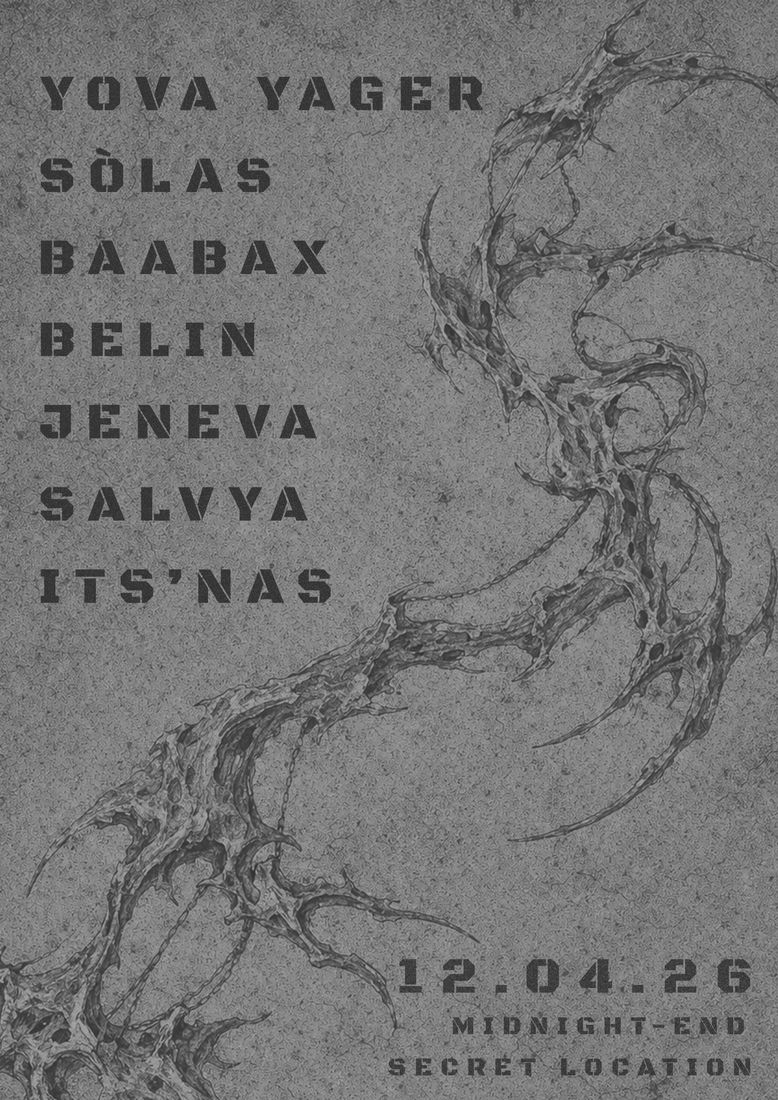 Midnight to end poster: grey concrete with stencil names and a thorny drawn form.