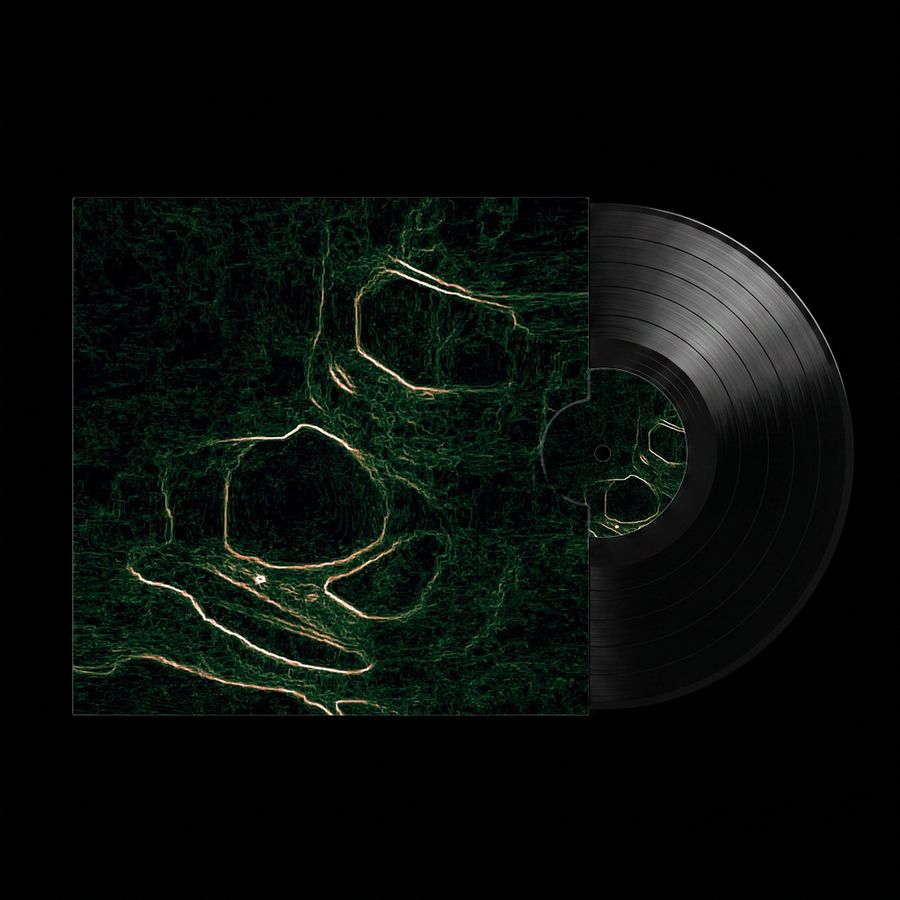 Record sleeve with thin green contour lines on black next to a vinyl.
