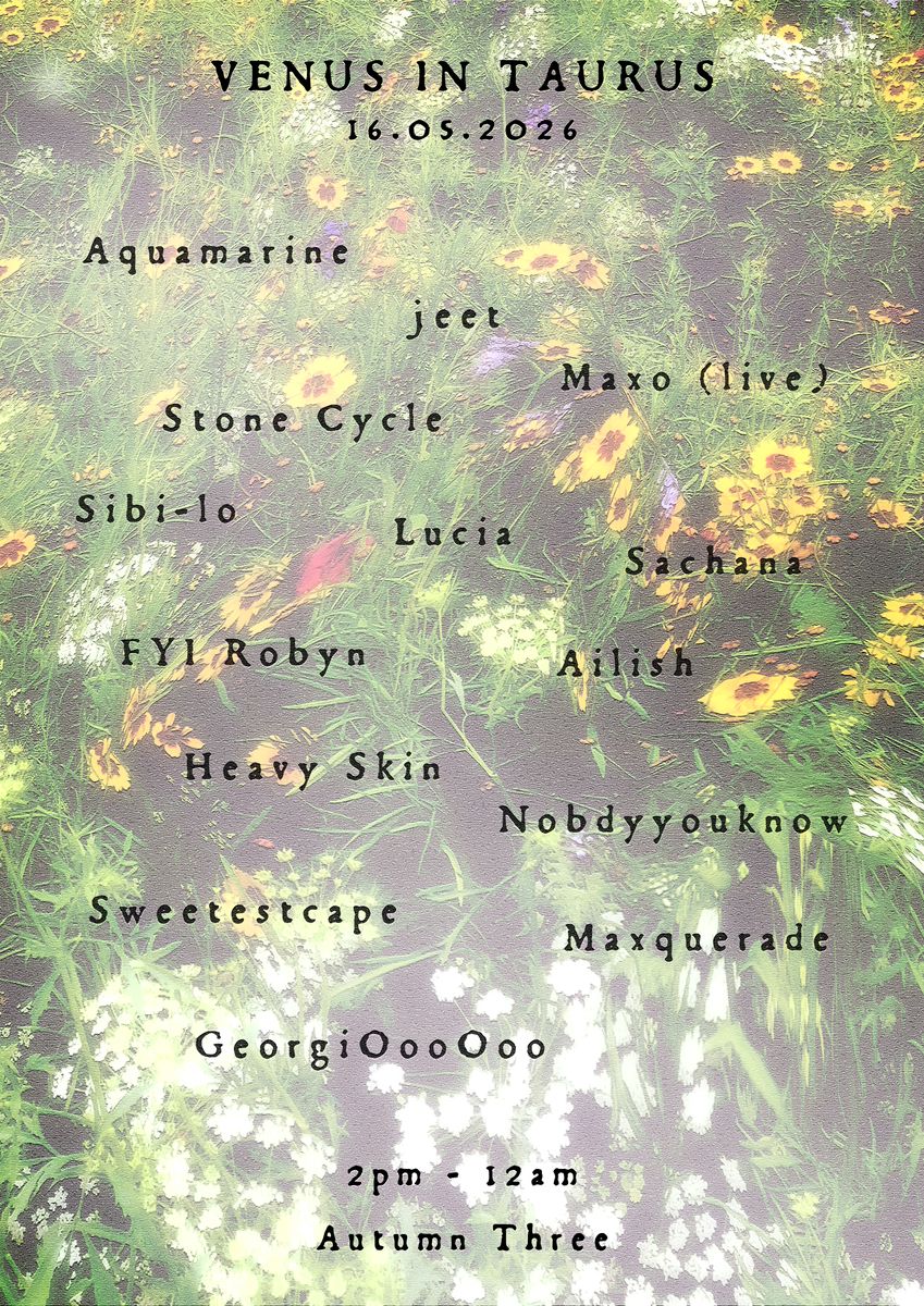 Venus in Taurus poster: a lineup set over a pale photo of yellow flowers.